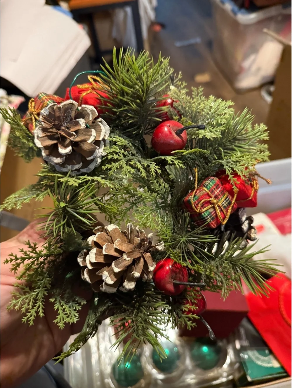 Festive Pine Cone and Berry Christmas Candle Ring Decoration
